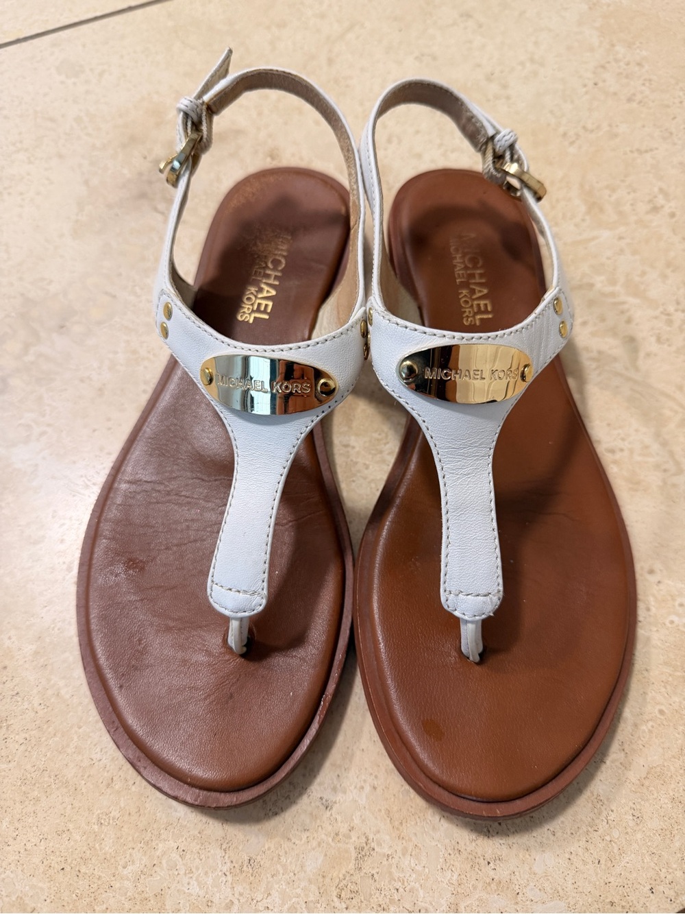 Michael Kors White Leather T-Strap Sandals with Gold Accent